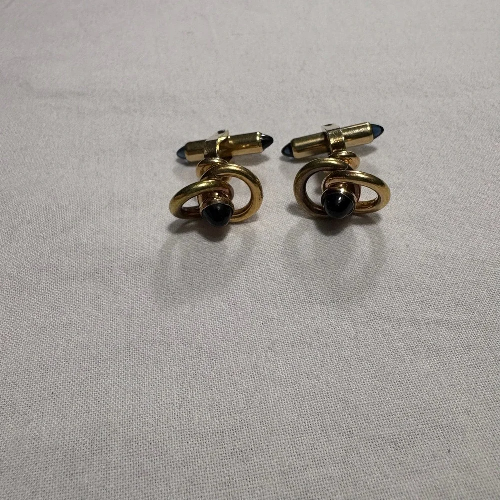 Menzies Gold Tone Black‎ Stone Swirl Design Cufflinks